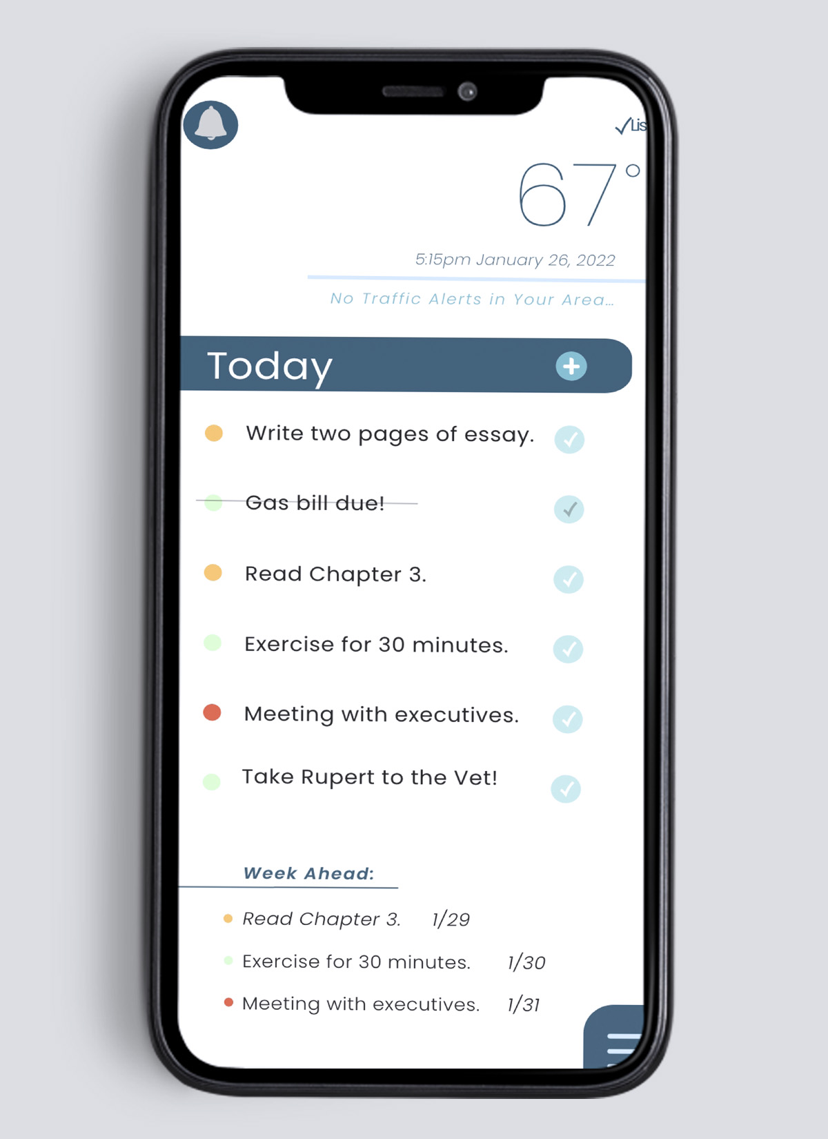The CheckList Home sceen on an iphone that displays the date and temperature outside, the user's daily tasks, and tasks for the week ahead.